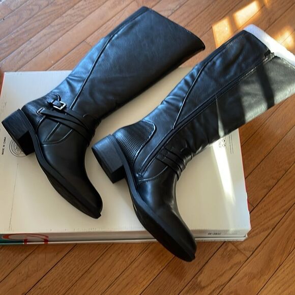 Baretraps Stratford Black Leather Wide Calf Knee-High Riding  Boots - Picture 6 of 12